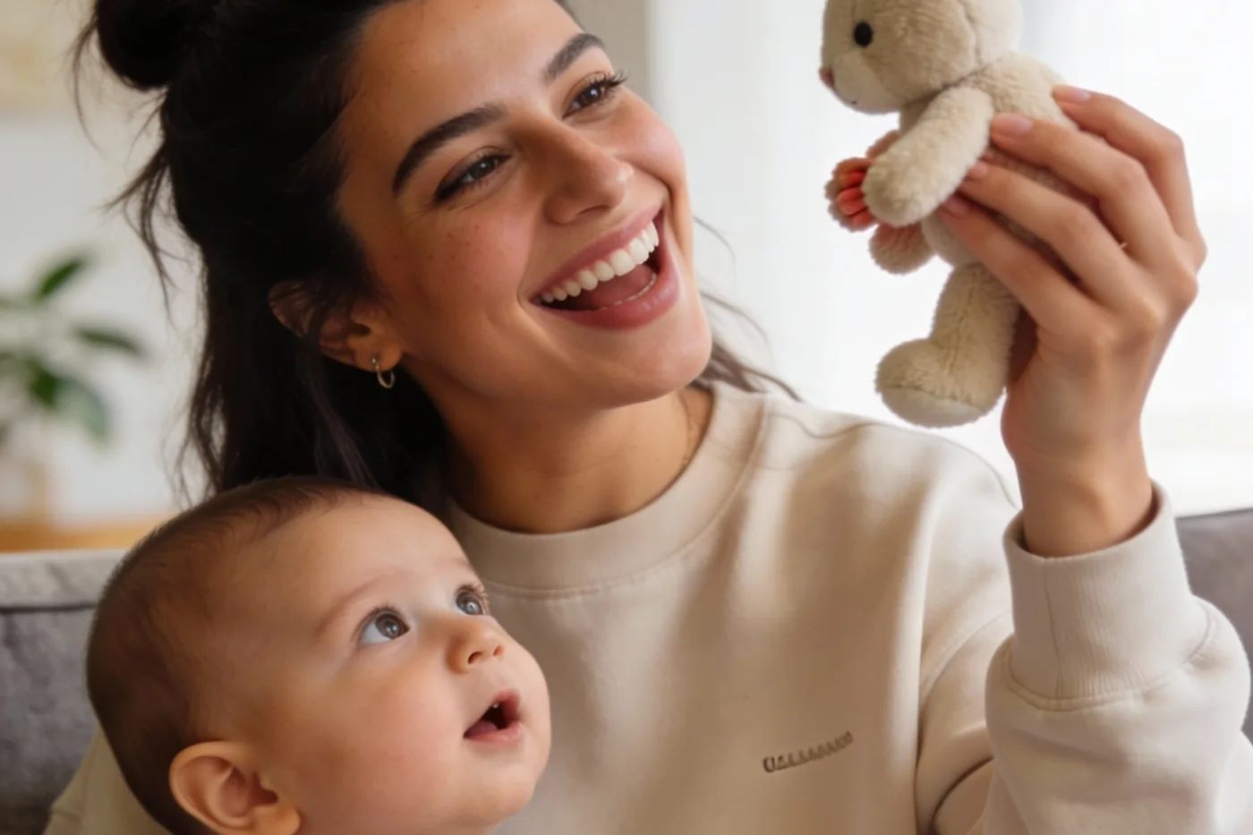 A parent playing with their smiling baby in bright daylight