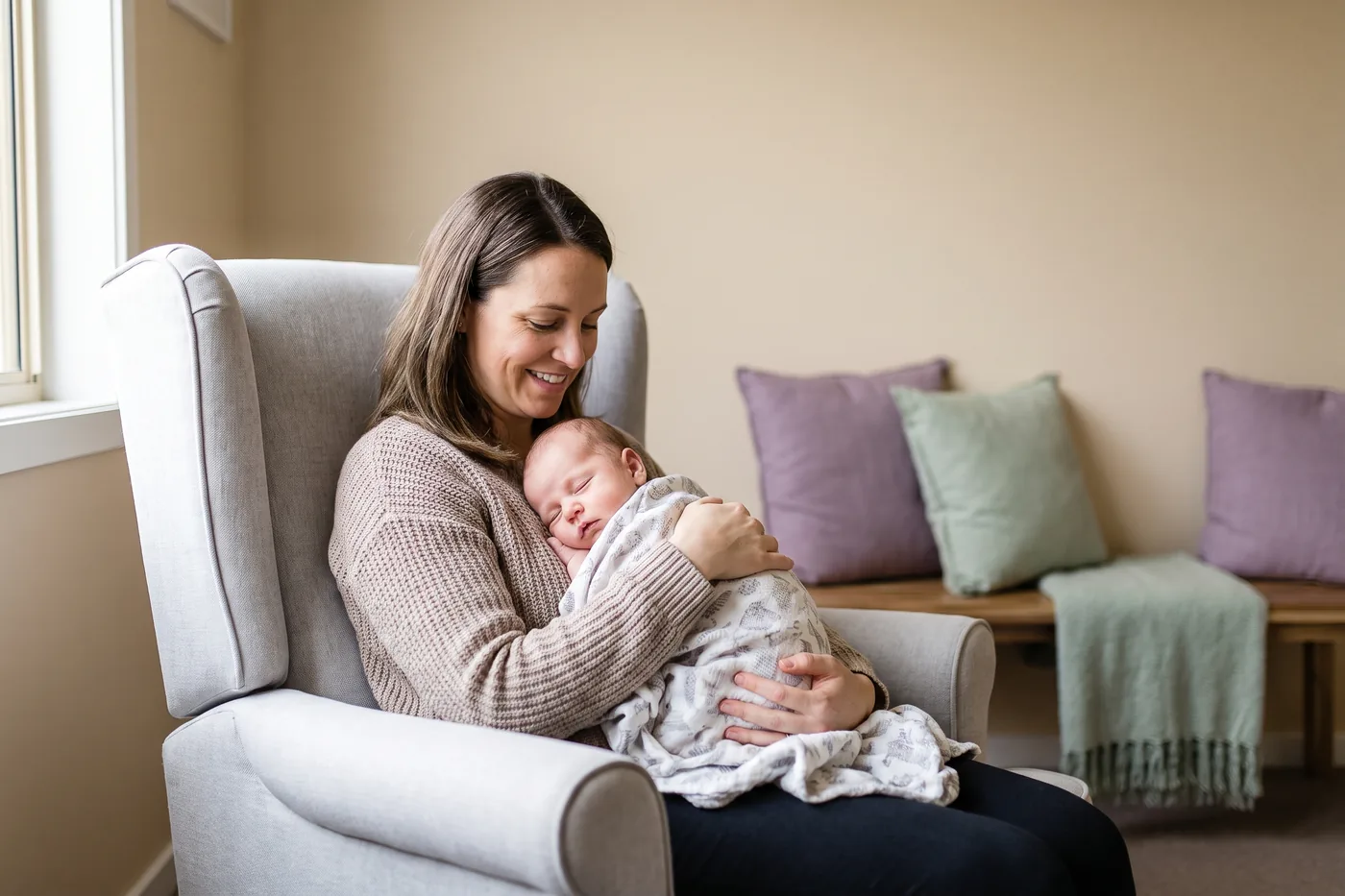 A mother sitting with her baby in the clinic