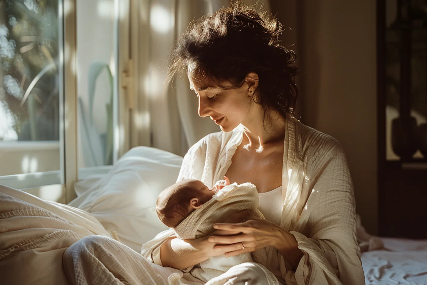 A mother feeding her baby in bright morning light